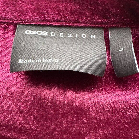 ASOS Design Men's Long Sleeve Burgundy Velour Long Sleeve Button Down Shirt - Picture 2 of 3